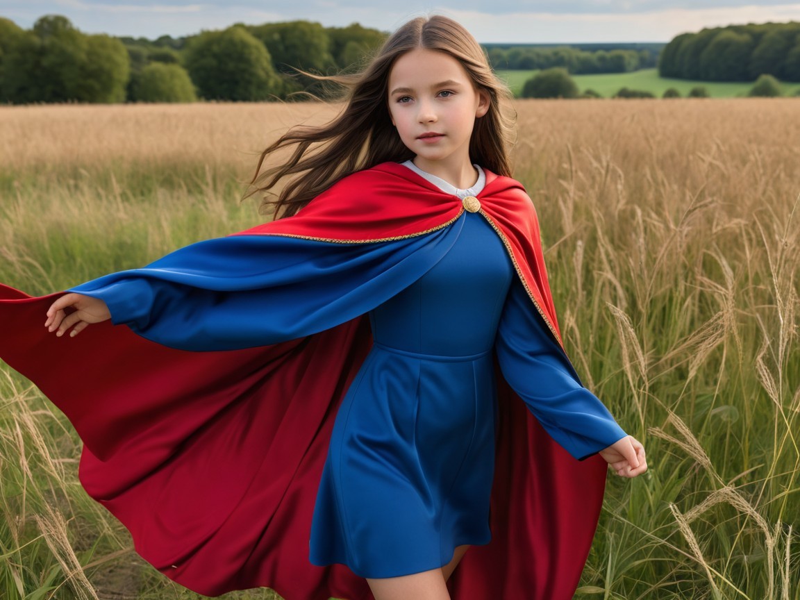 Young girl in blue dress with red cape in field