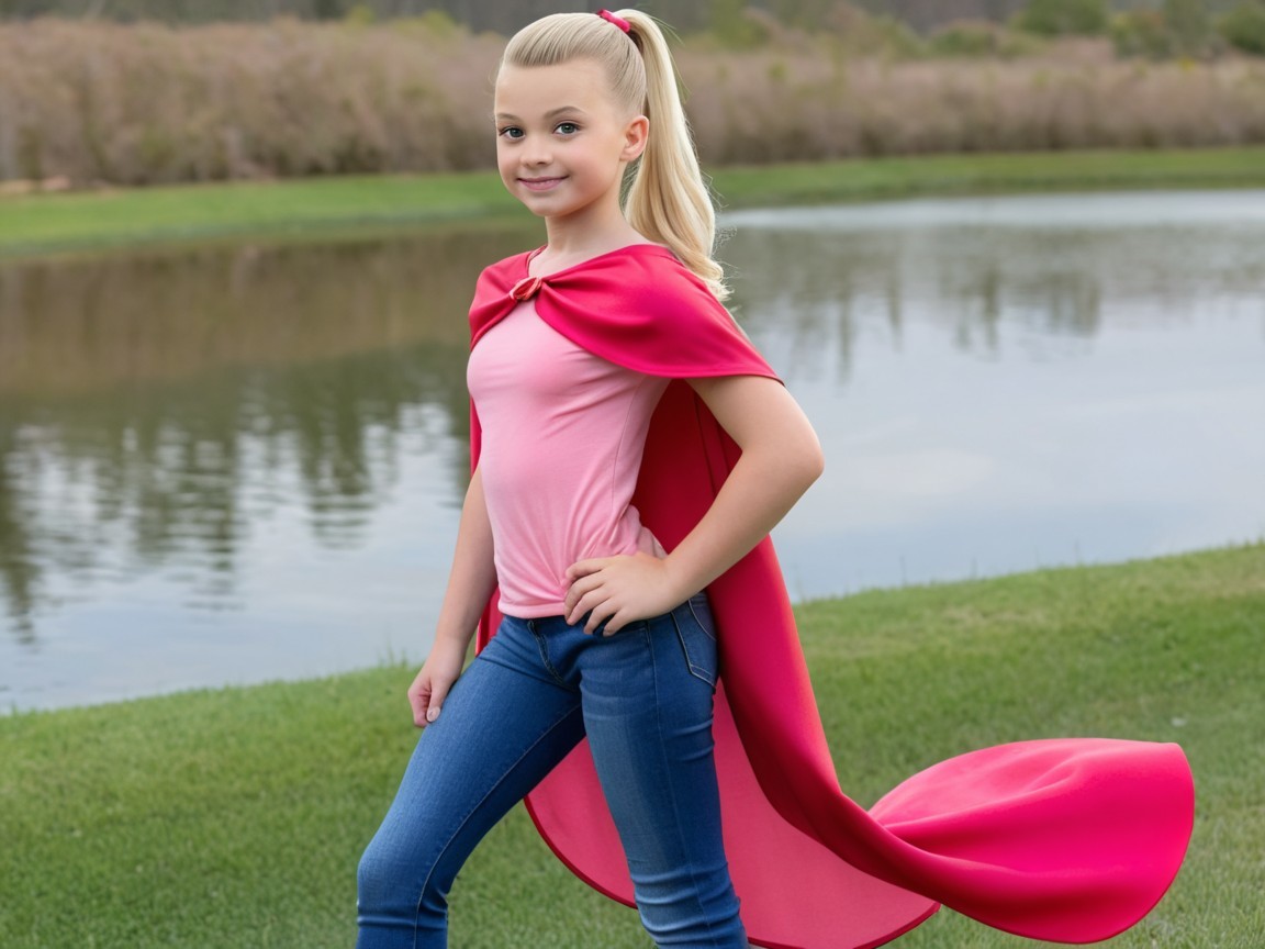 Young girl in pink cape by serene pond setting