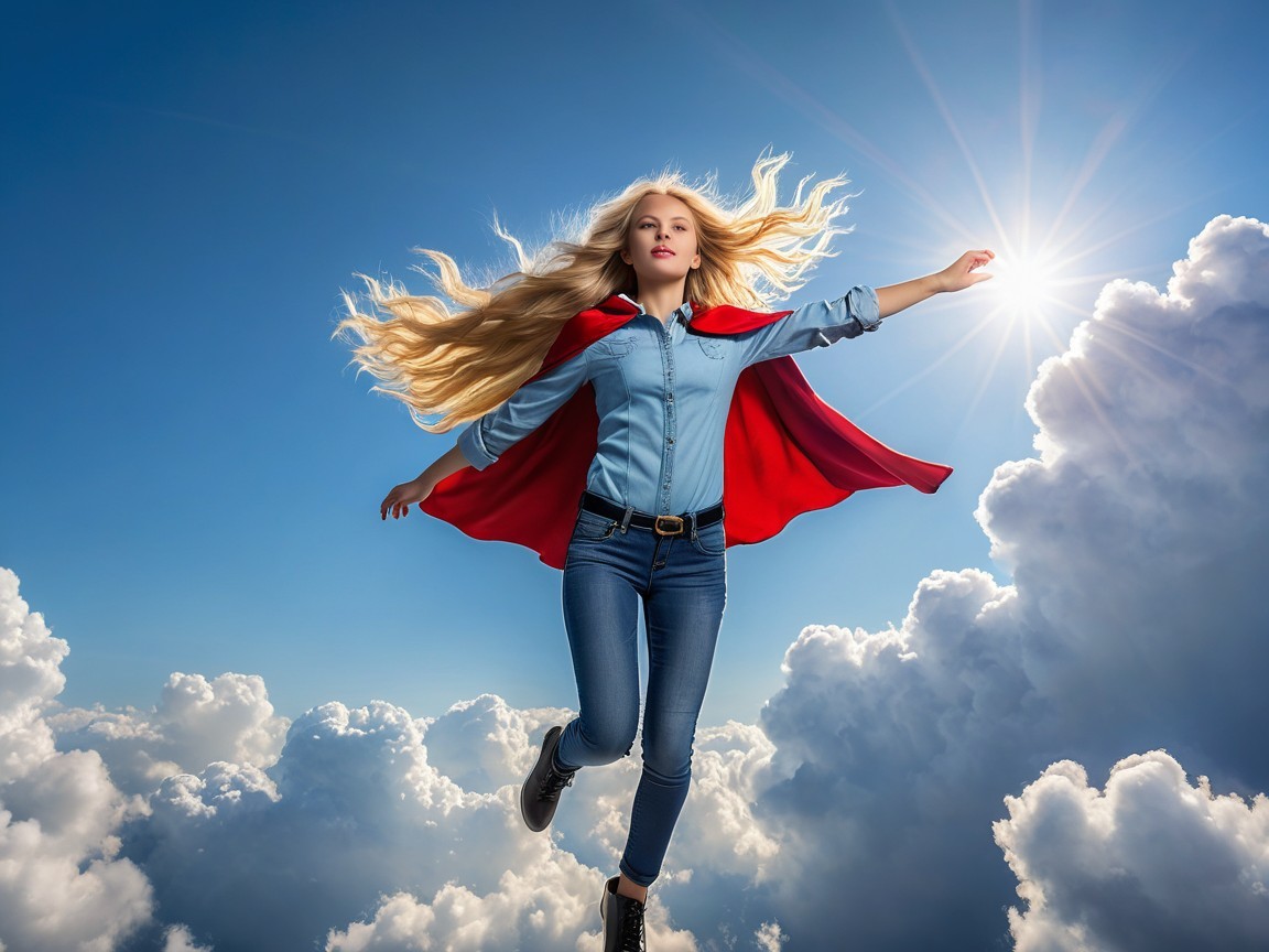Young girl soaring in blue sky with red cape
