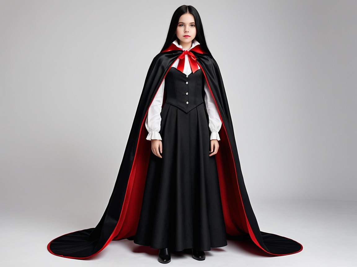 Vampire-Inspired Outfit with Black Cape and Red Accents