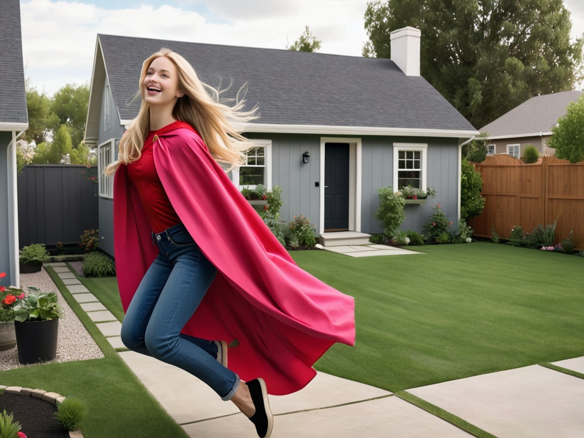 Girl in Red Cape Jumps in Green Yard with House