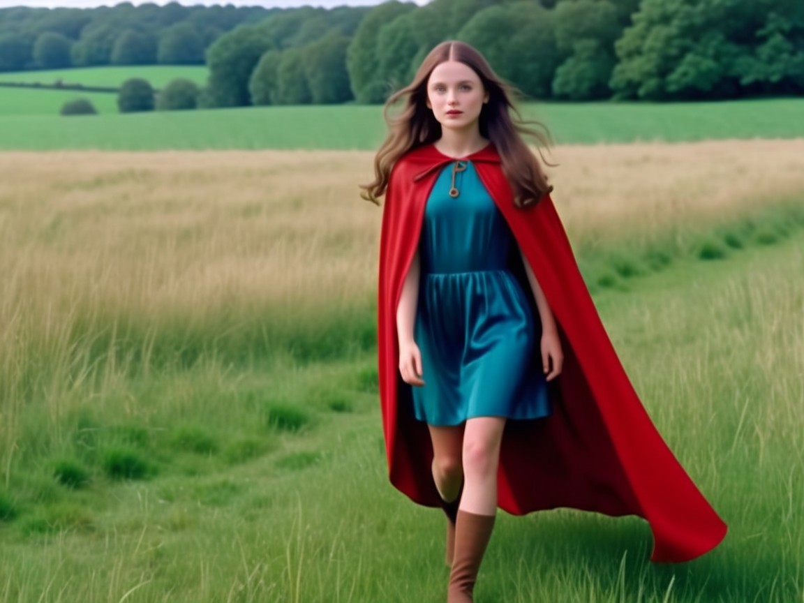Young Woman in Red Cape in Lush Green Field