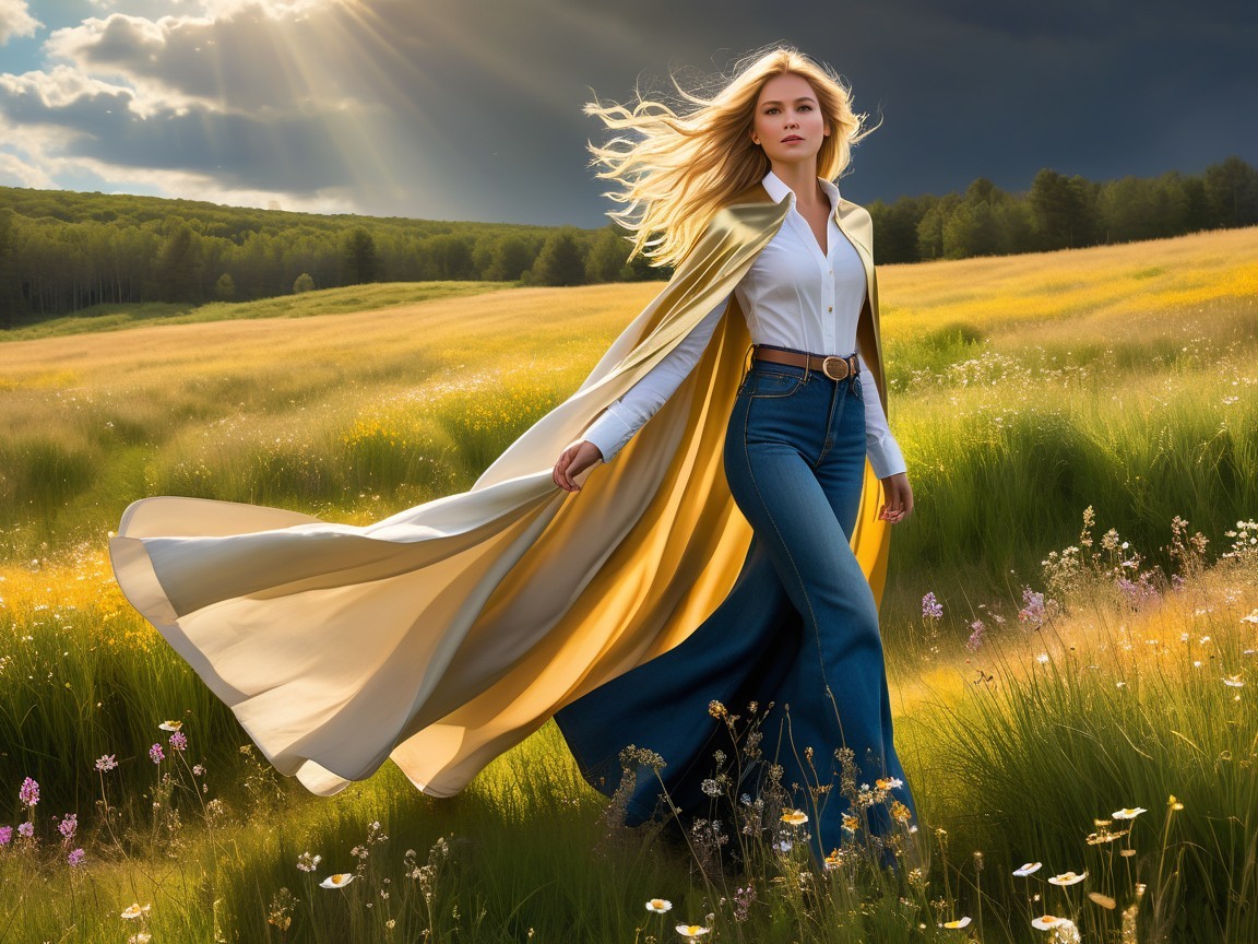 Young woman in yellow cape in sunlit field with clouds