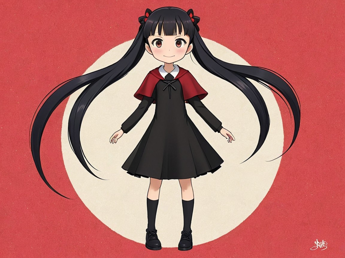 Anime-style girl with black hair and red accents
