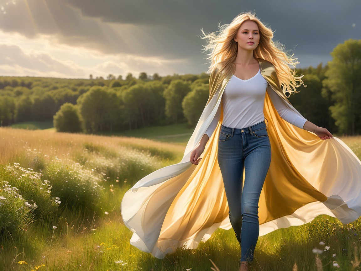 Young Woman in Sunlit Field with Flowing Cape