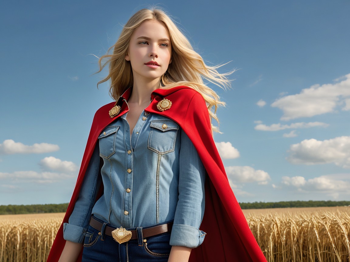 Young Woman in Wheat Field with Red Cape and Denim Shirt