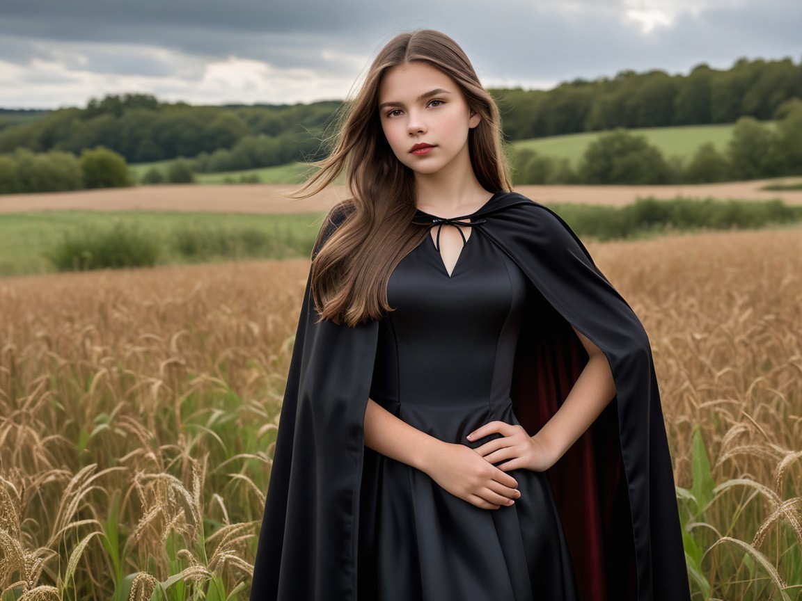 Young woman in black dress in golden field landscape