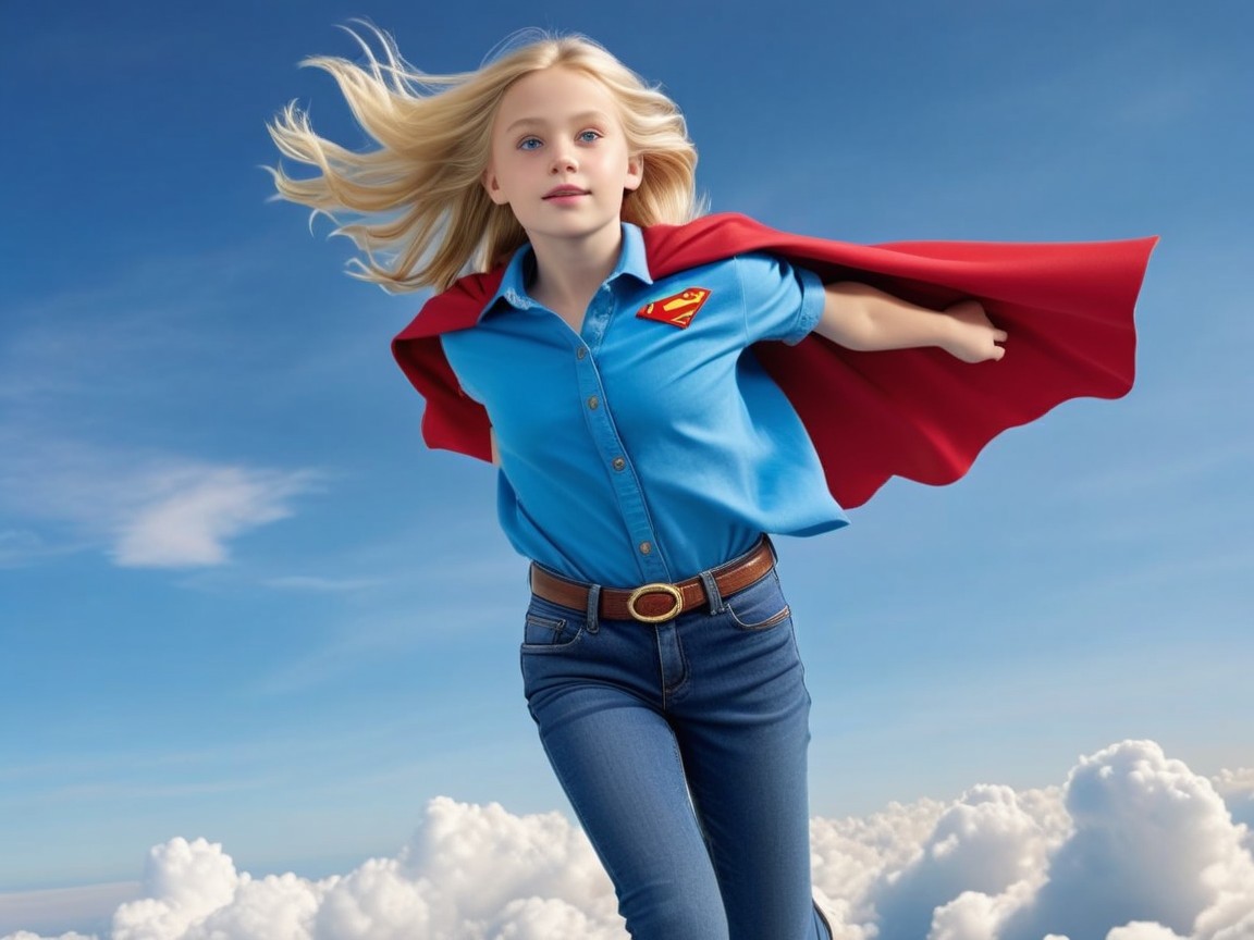 Young girl in blue shirt and red cape in bright sky