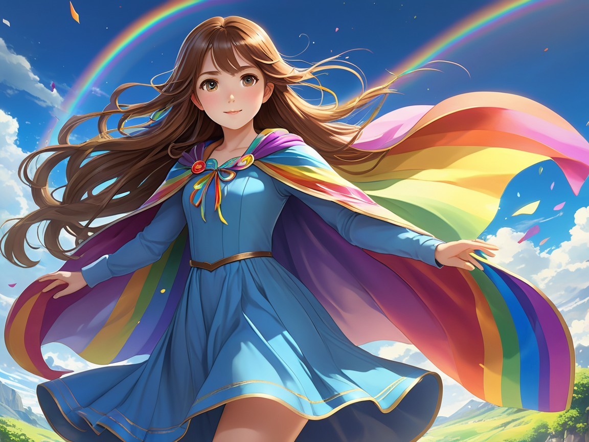 Young girl in blue dress in vibrant landscape with rainbows