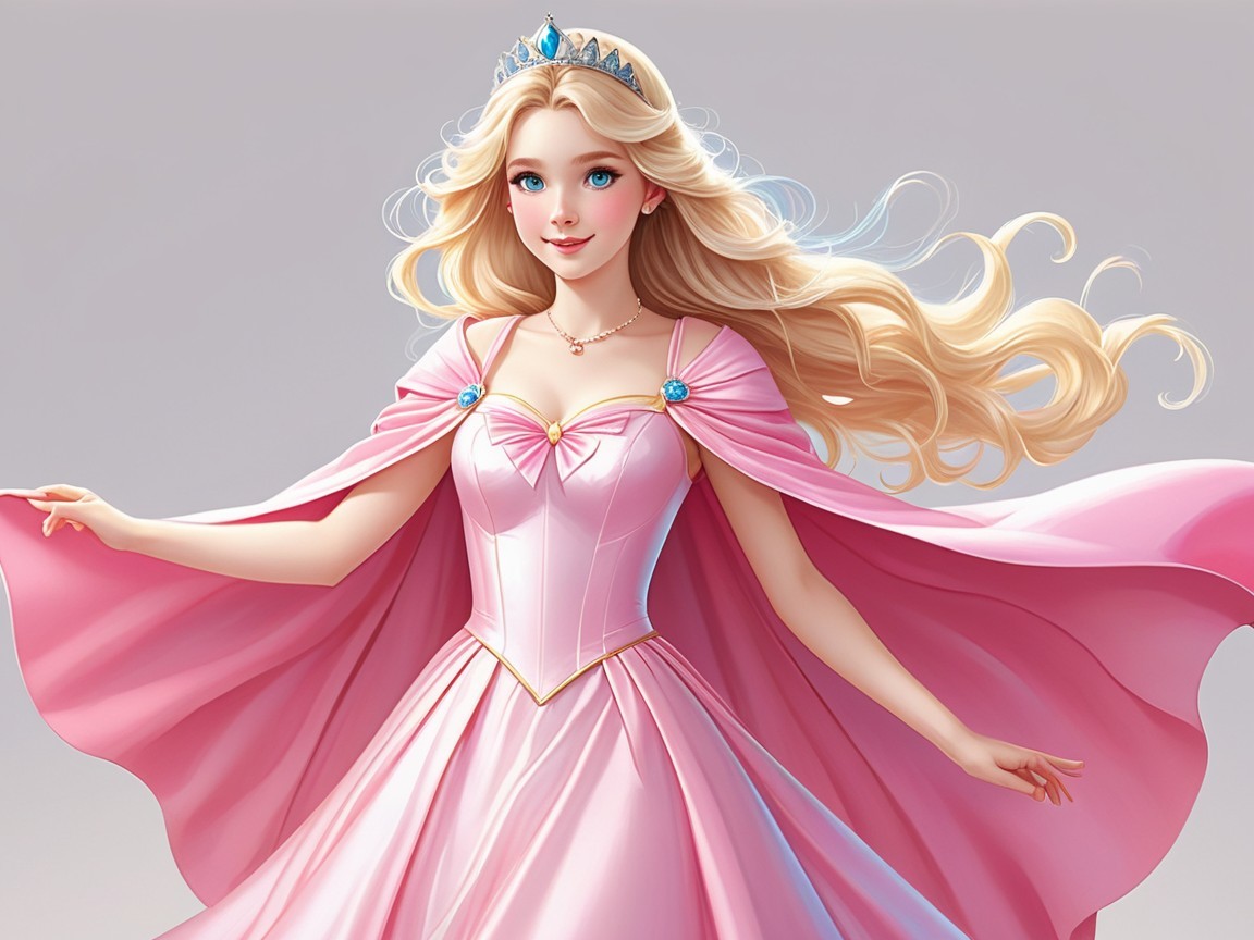 Elegant young woman in pink gown with flowing cape