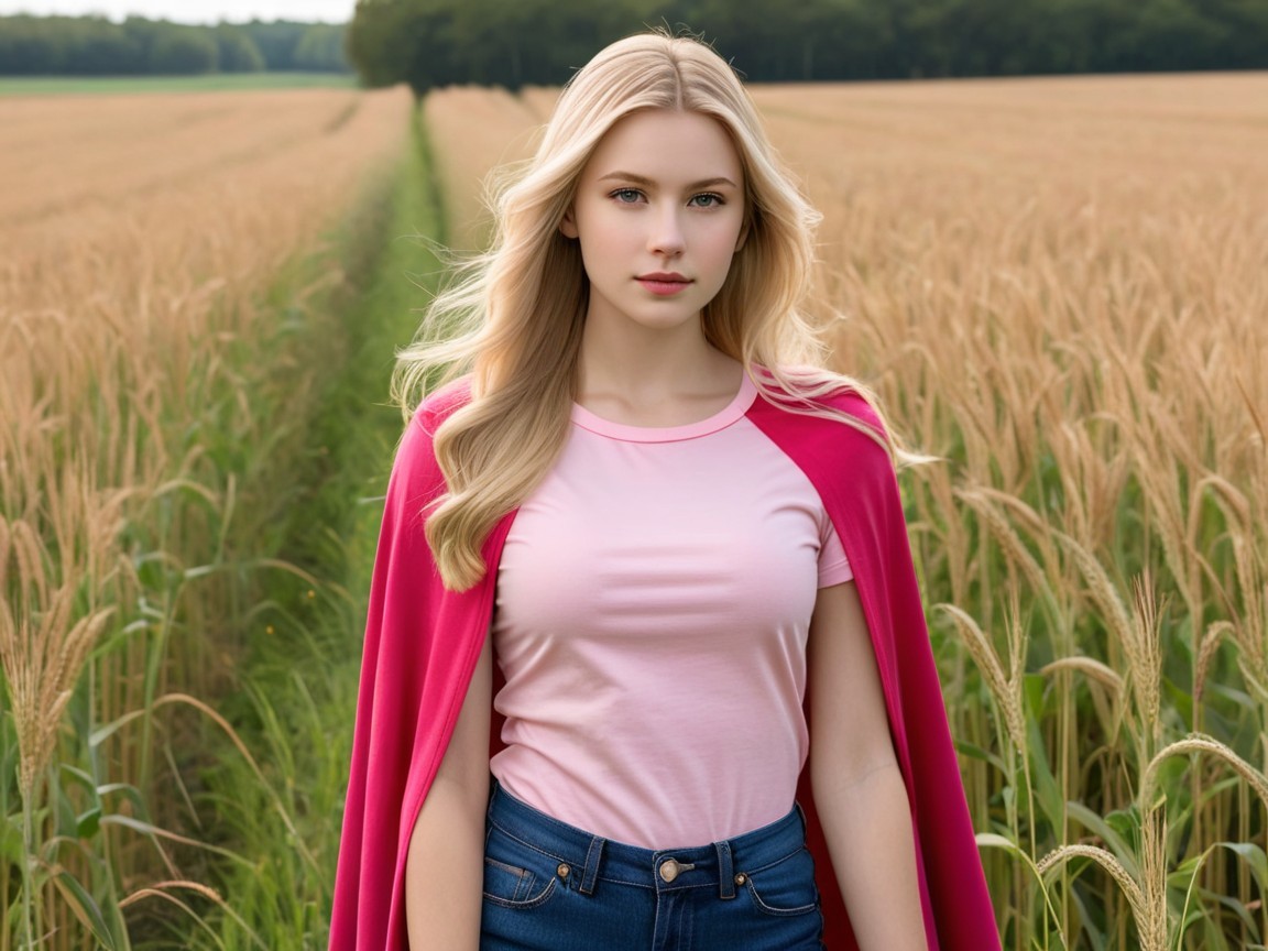 Young Woman in Golden Wheat Field with Pink Cape