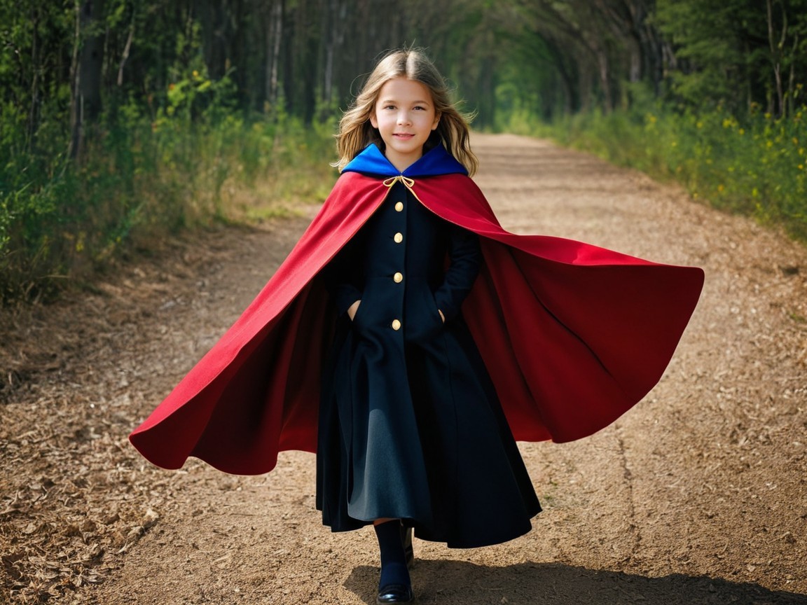Young girl in red cape walking on tree-lined path
