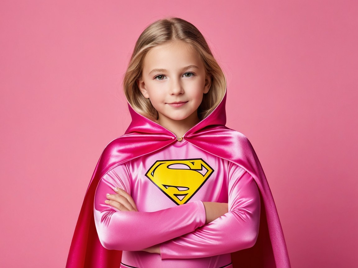 Young girl in pink superhero costume with cape