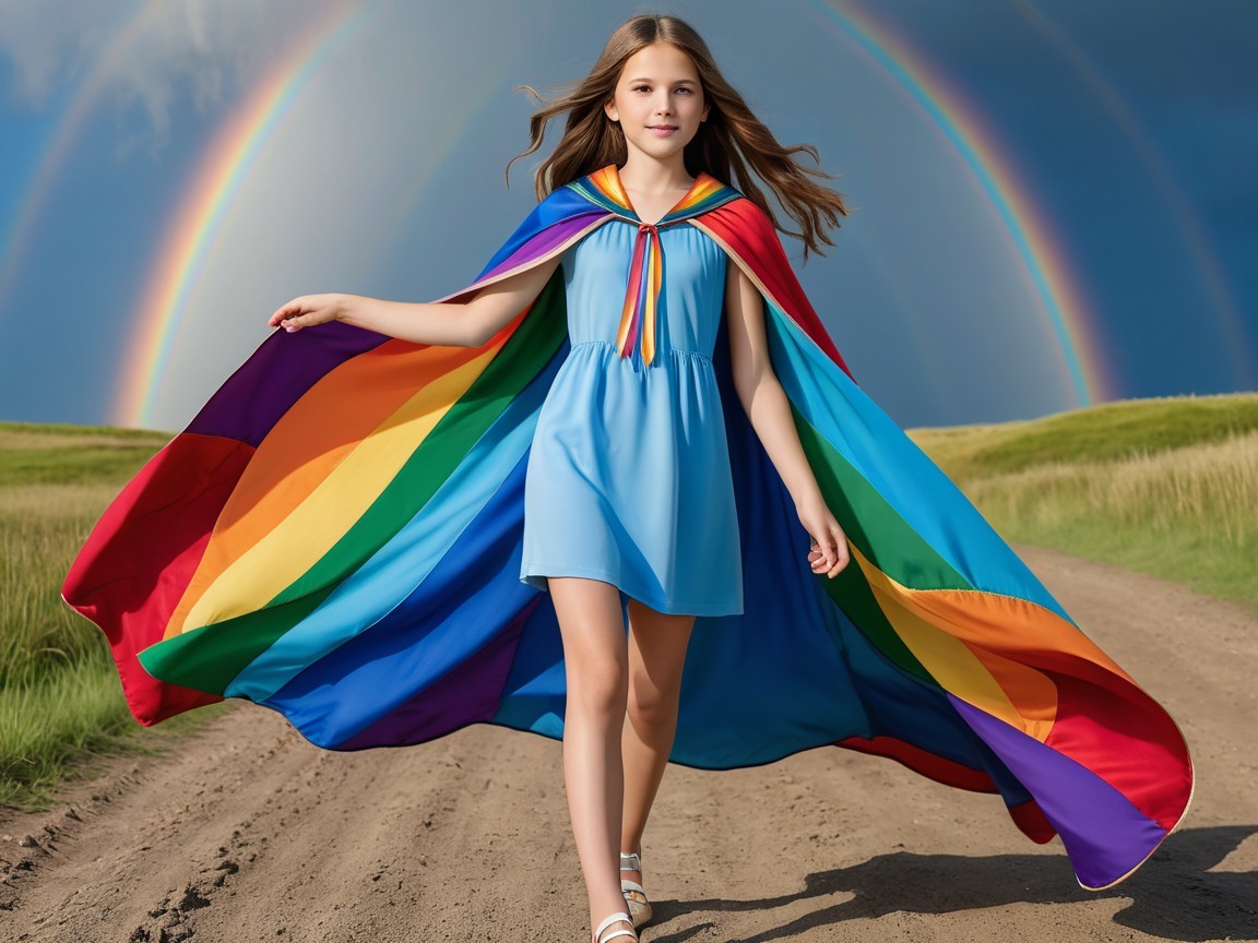 Young girl in blue dress walks under vibrant rainbows
