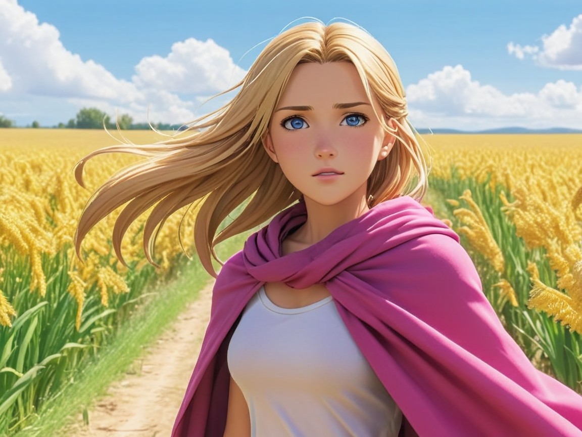 Young woman in golden field with pink cloak and blue sky