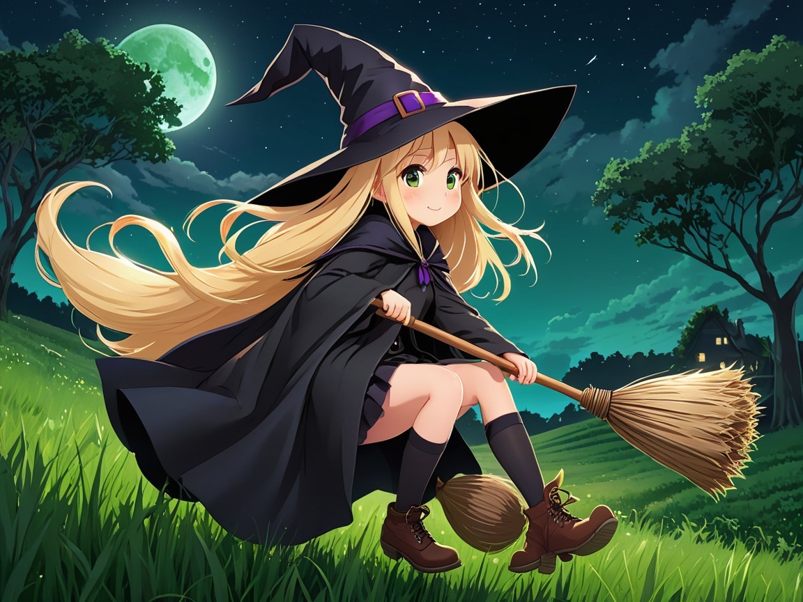 Cheerful young witch on a hill with broomstick and moon