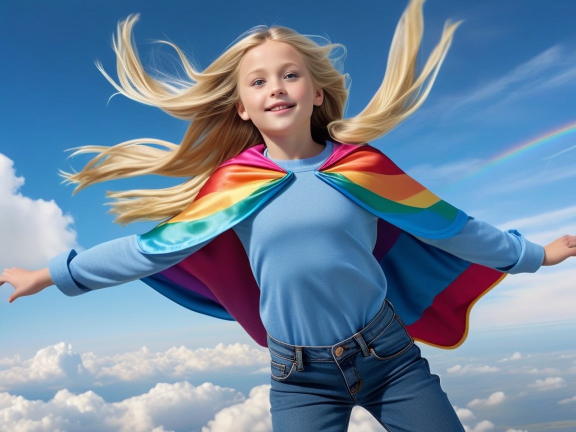 Young girl in rainbow cape soaring through blue sky