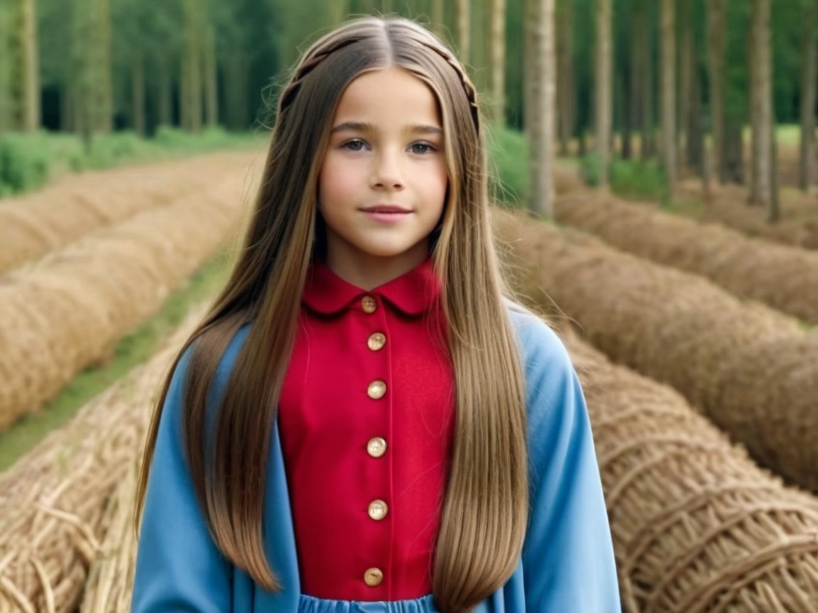 Young girl in field with hay bales and trees