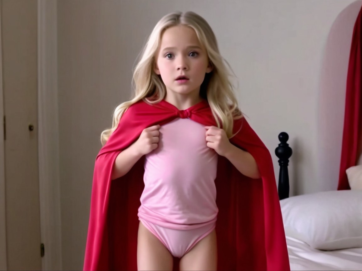 Young girl in bedroom embodying superhero persona