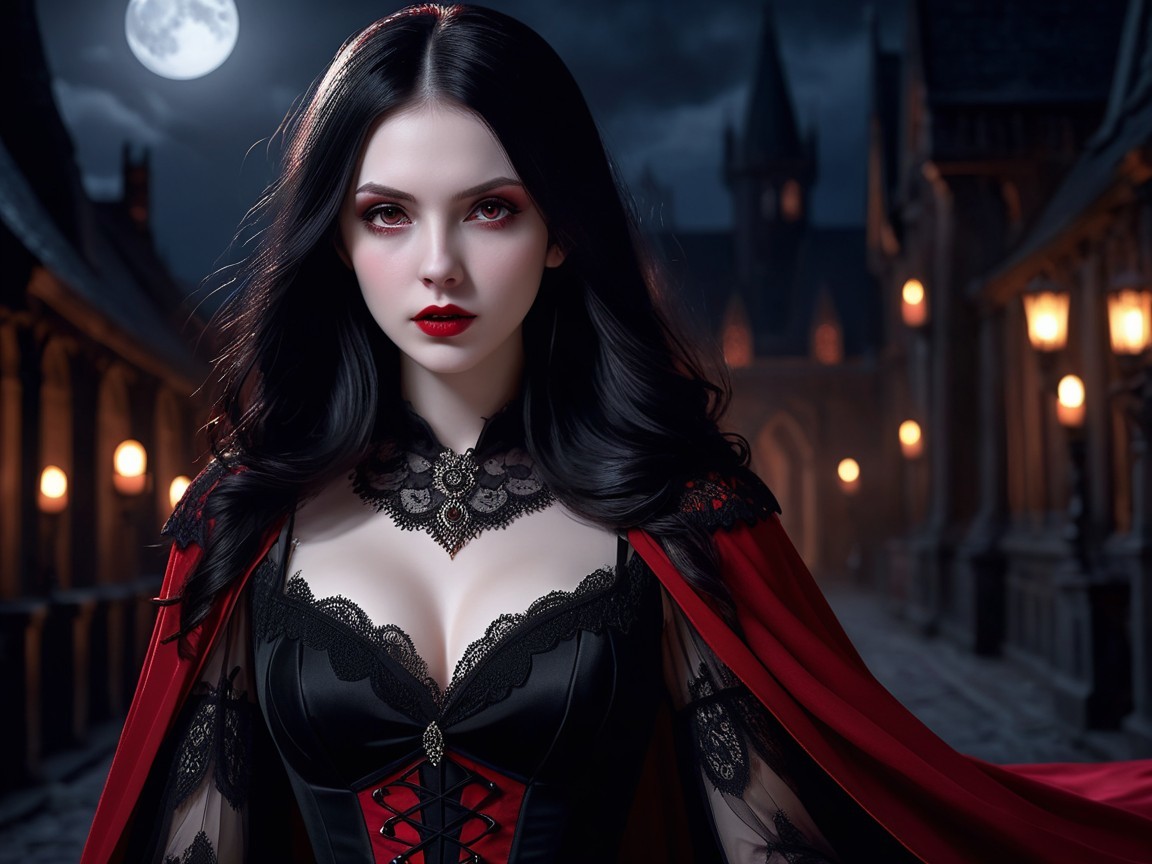 Mysterious Woman in Elegant Gown on Cobblestone Street