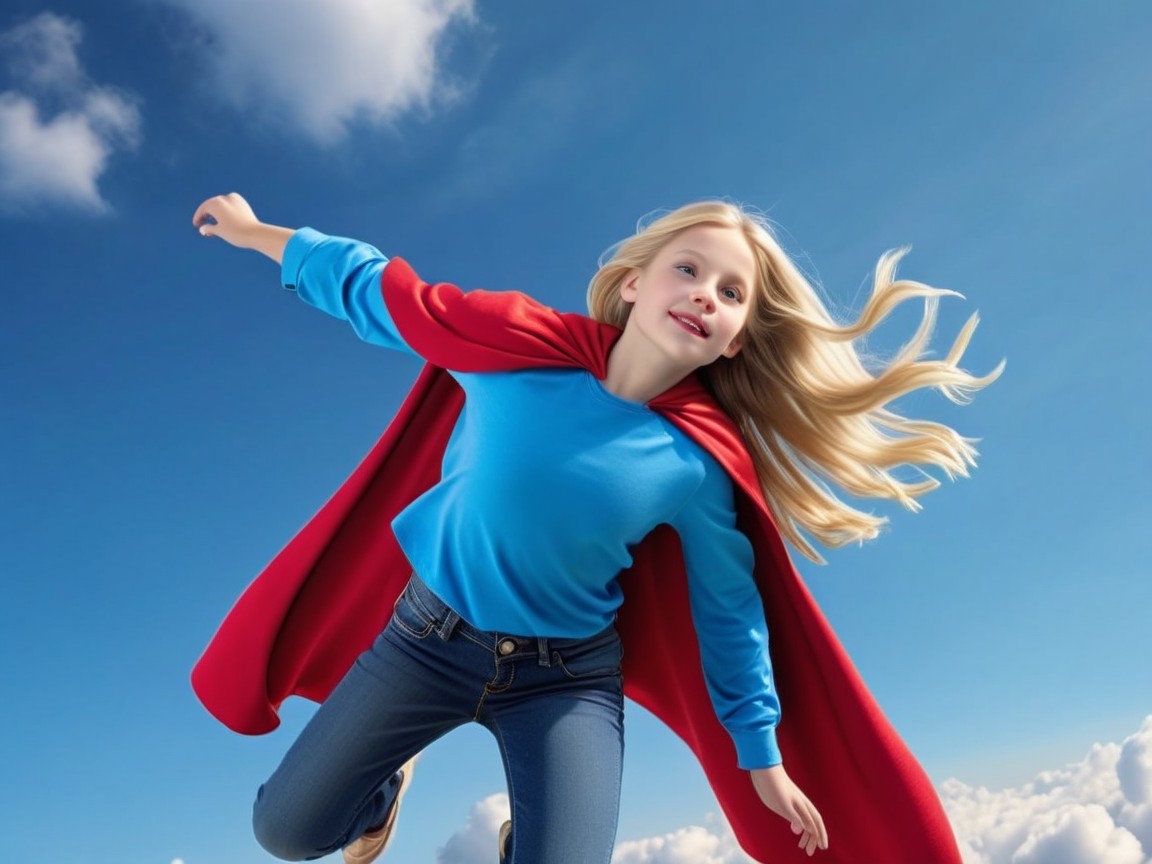 Young girl in red cape flying in blue sky