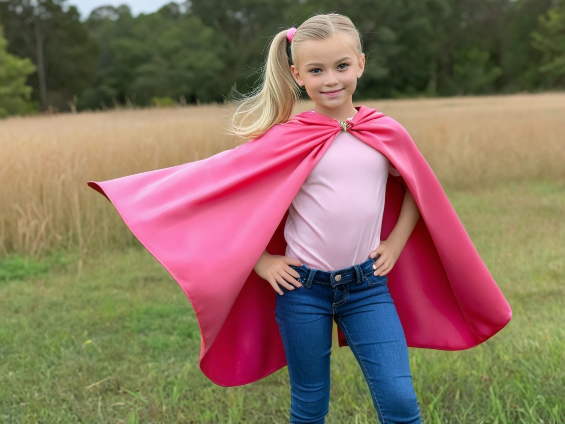 Young girl in pink cape poses in a grassy field