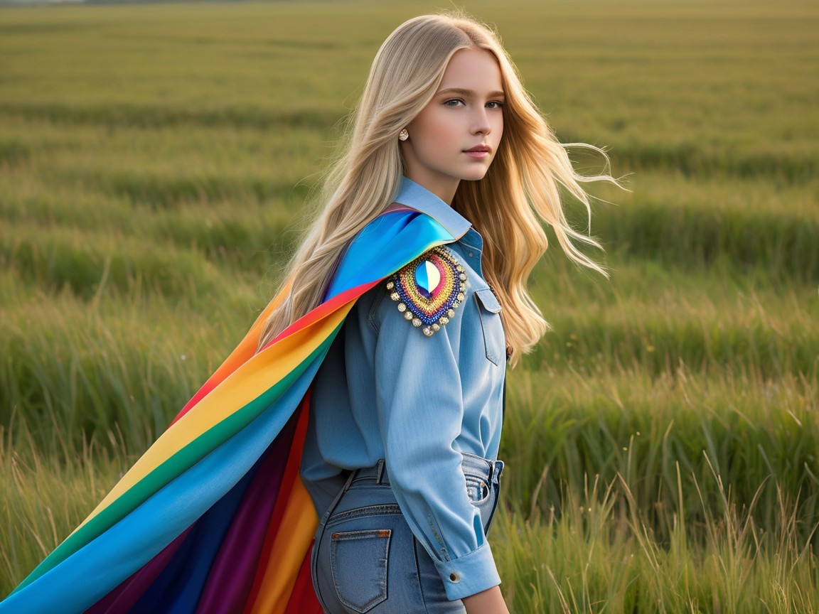 Young woman in denim and rainbow cape in green field