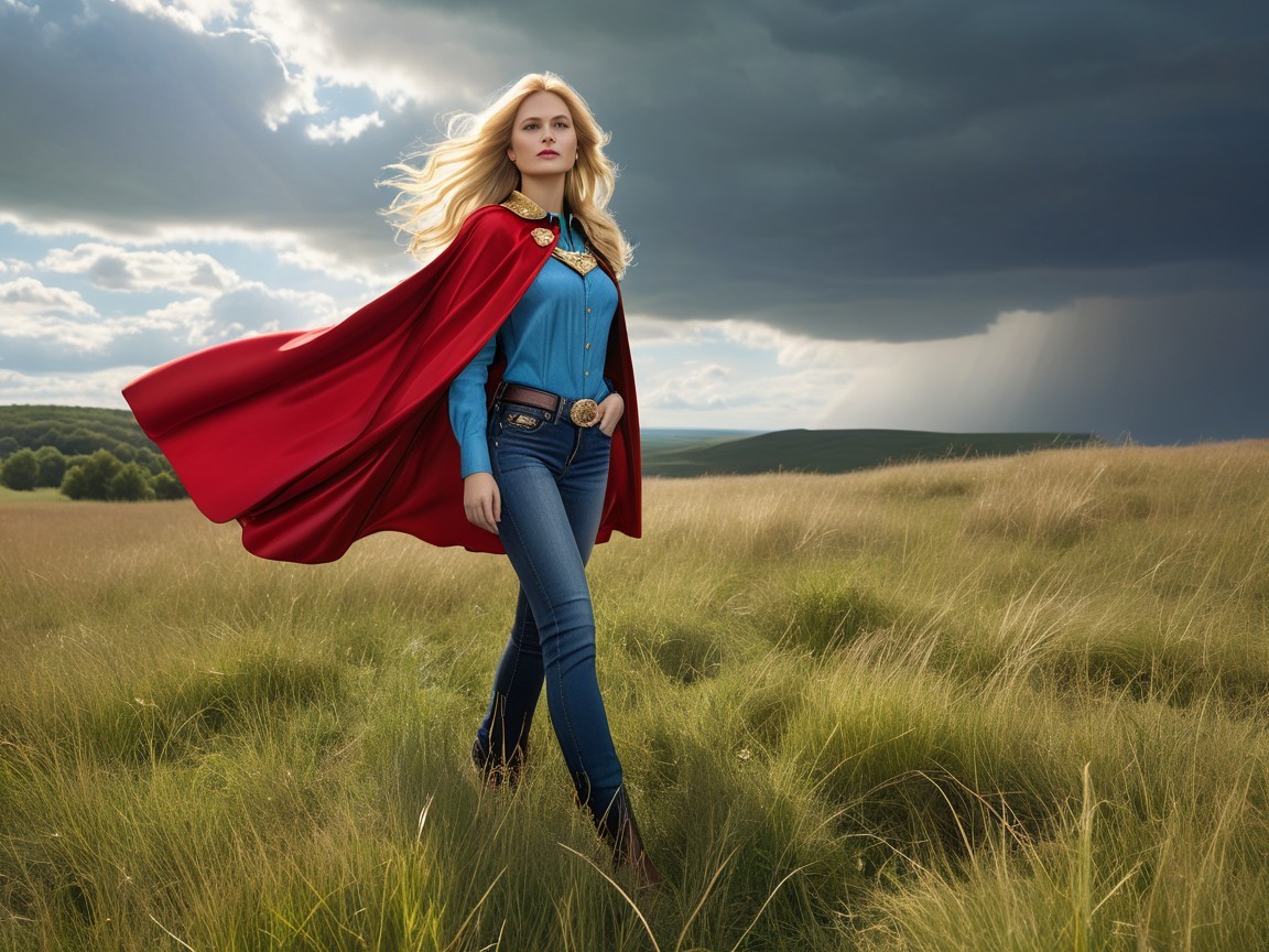 Confident figure in a grassy field with dramatic sky