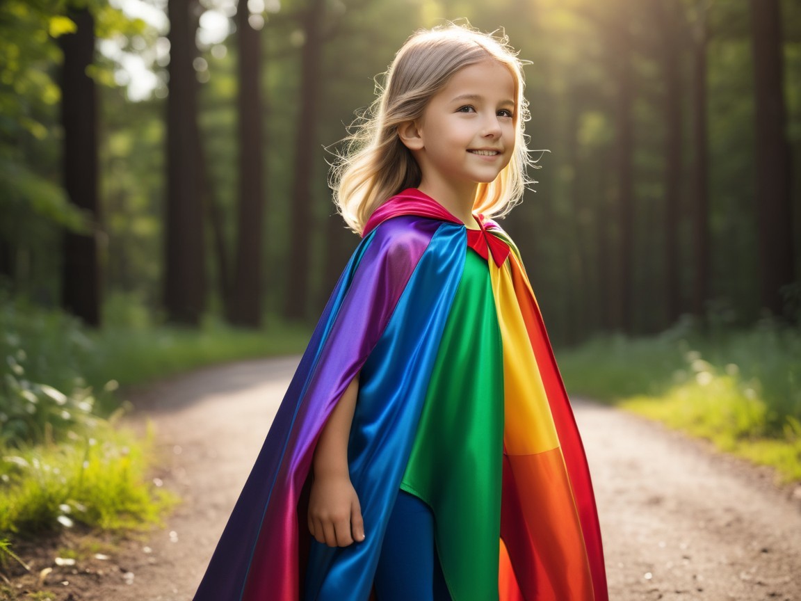 Young girl in rainbow cape on forest path