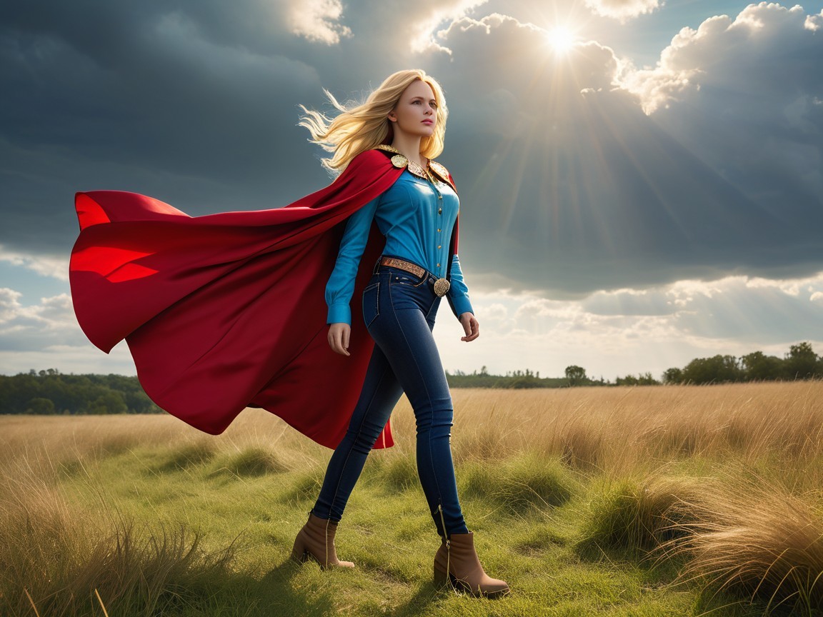 Heroic Figure in Sunlit Field with Red Cape