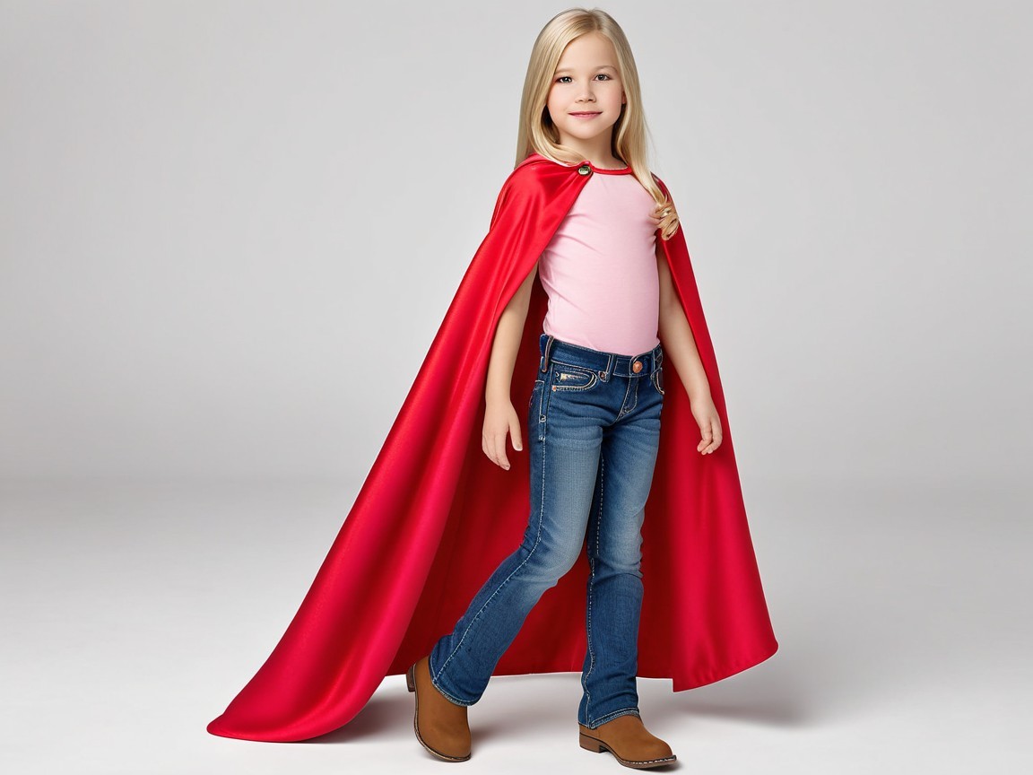 Young girl in pink shirt and red cape with jeans
