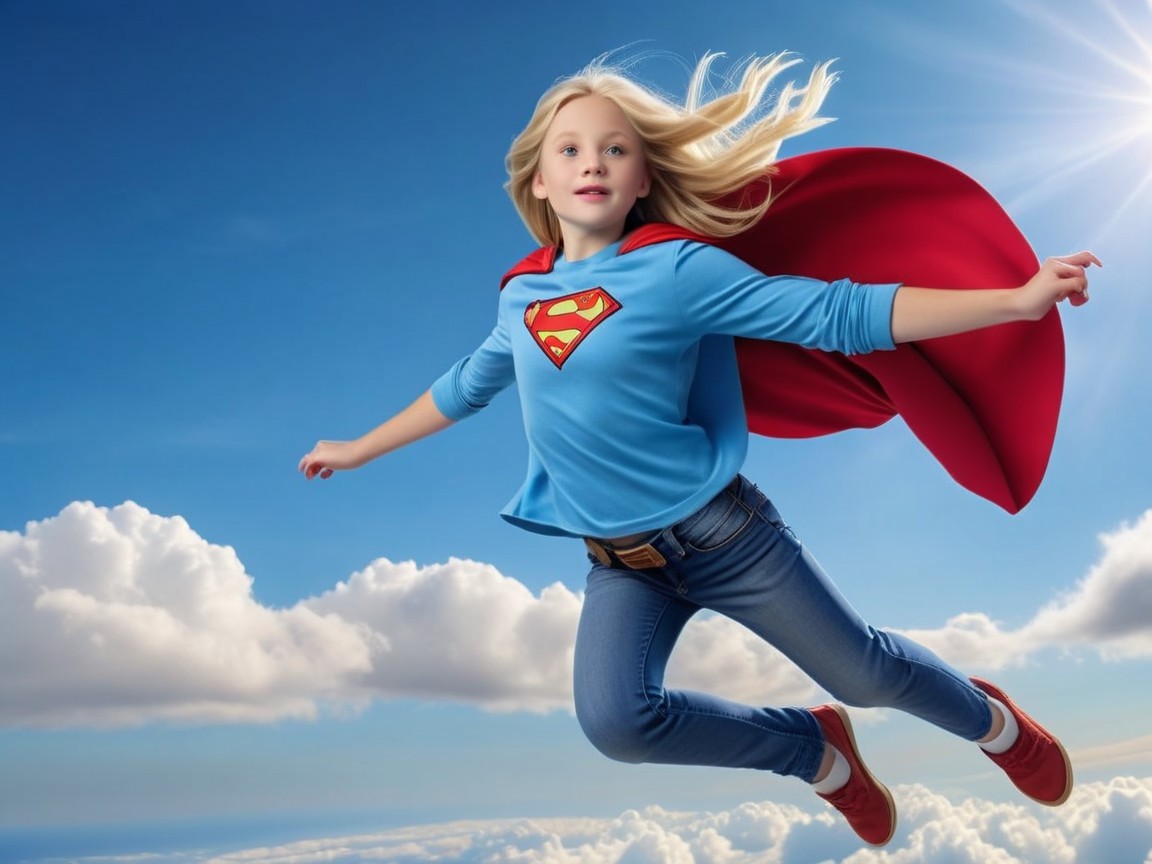 Young girl in superhero shirt flying in blue sky