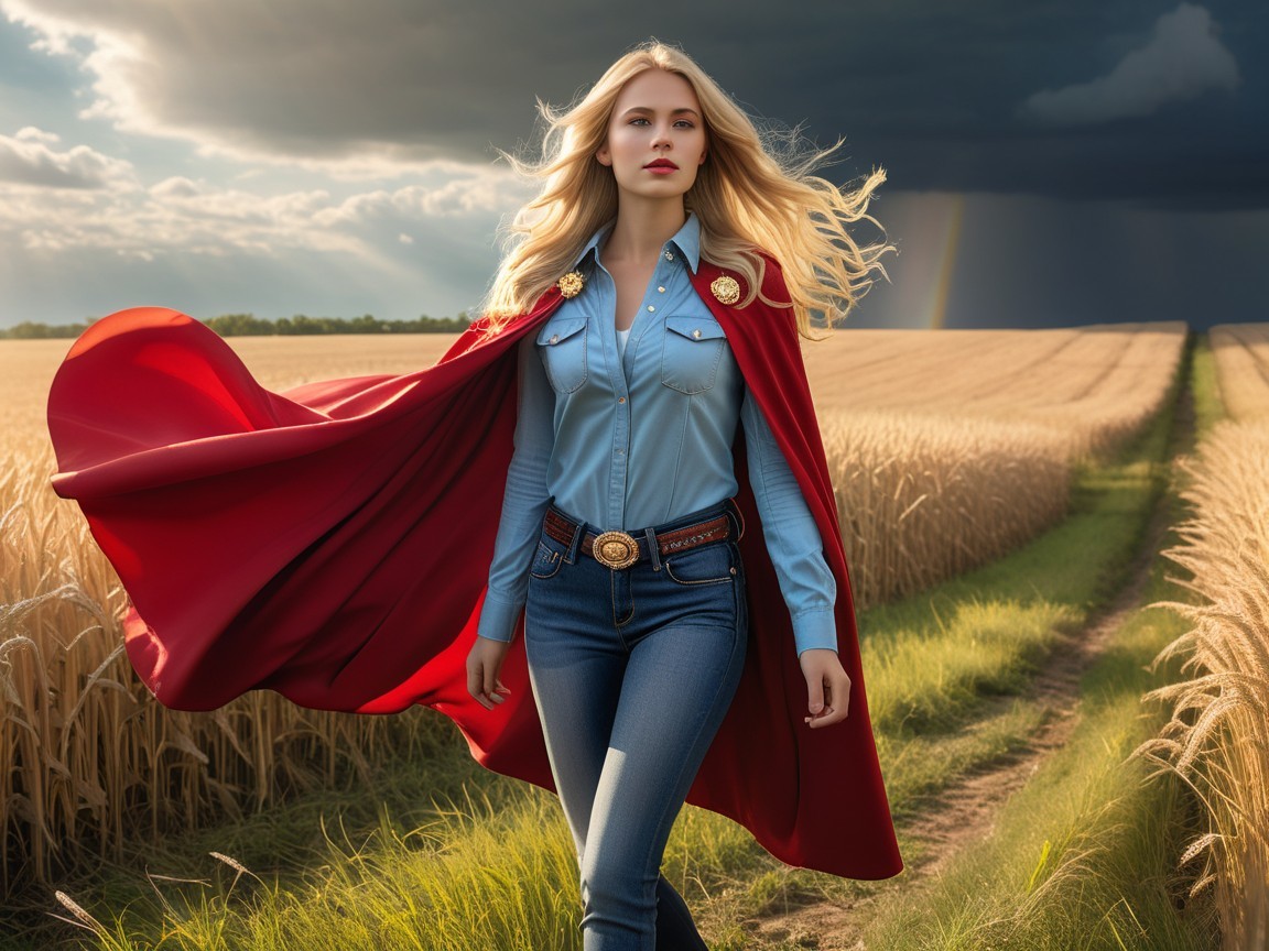 Confident Woman in Wheat Field with Dramatic Cape
