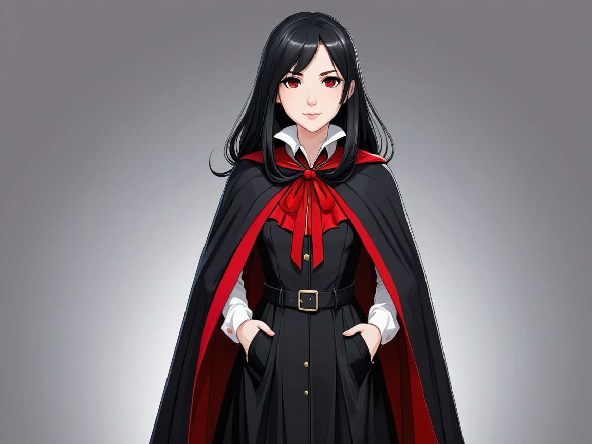 Confident Young Woman in Stylish Black Outfit with Cape