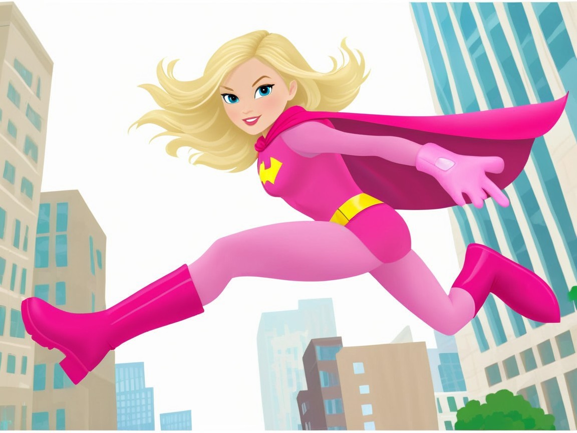 Superhero Character in Pink Costume Soaring Over City