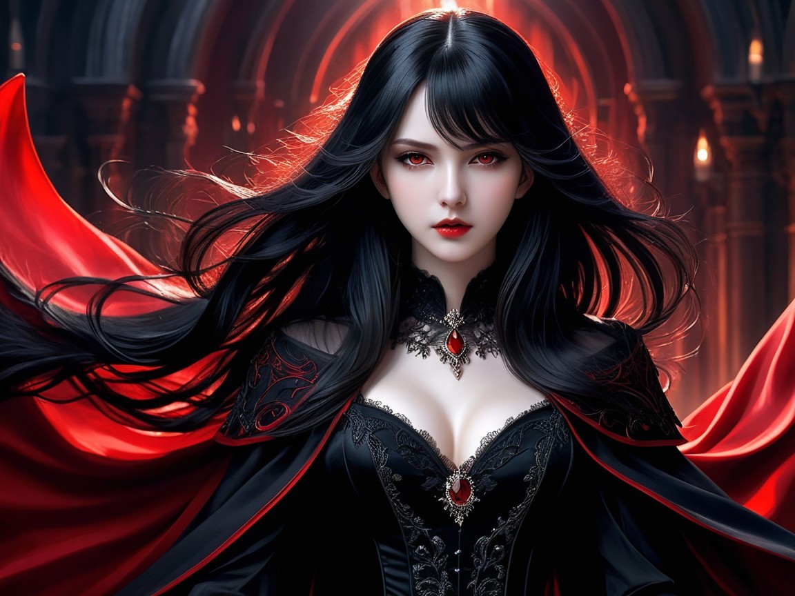 Gothic Figure in Black Dress with Red Accents