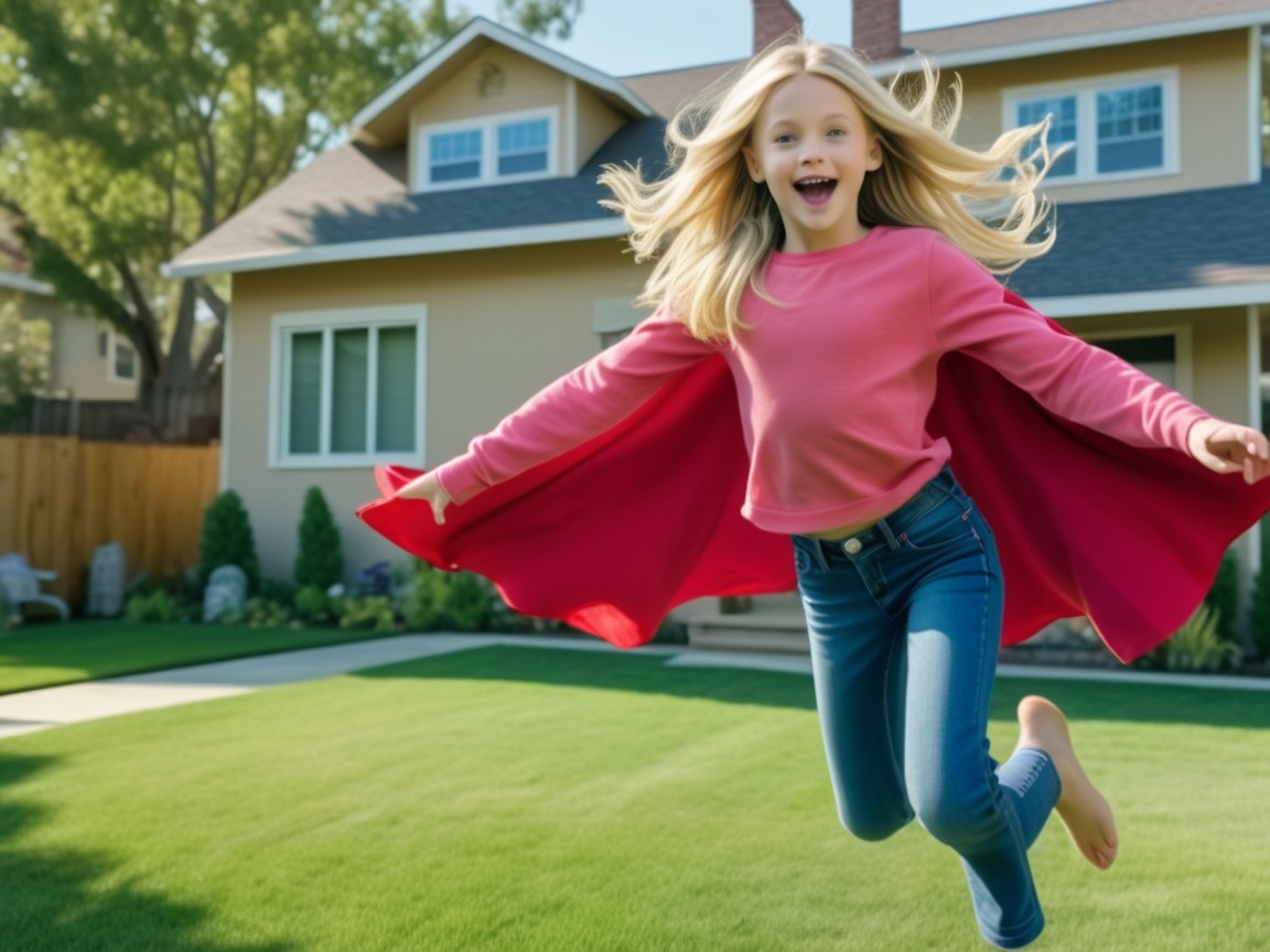 Joyful young girl in pink sweater and red cape