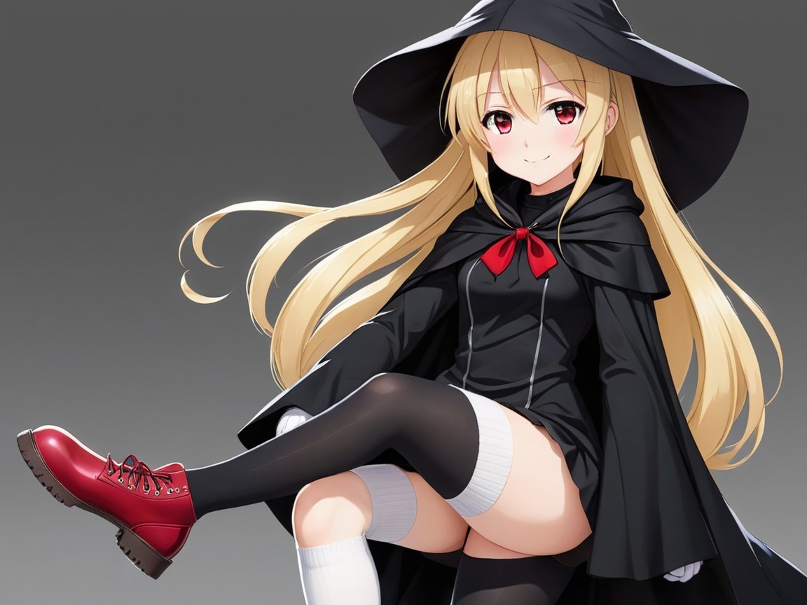 Young girl in black cloak and red boots with hat