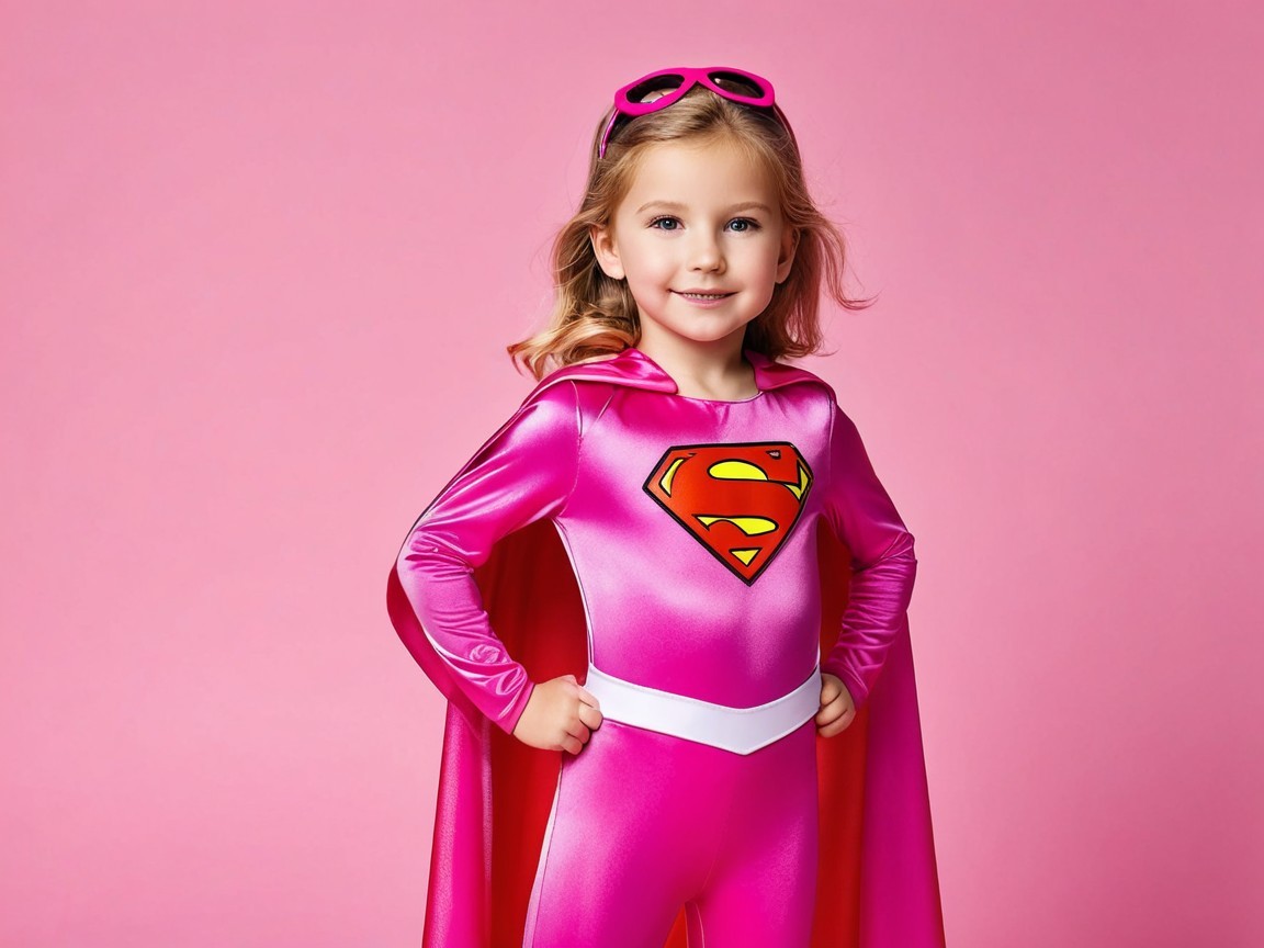 Young girl in pink superhero costume with cape and emblem