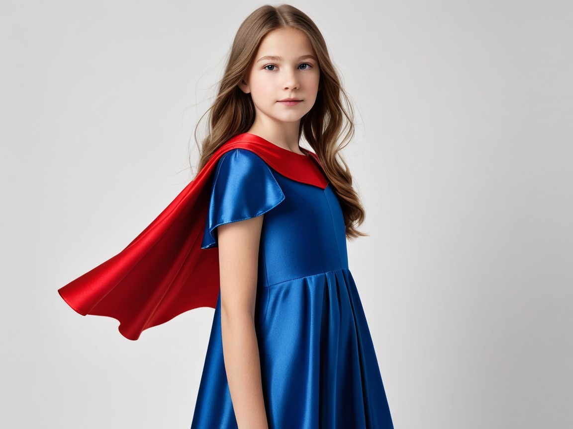 Young girl in blue dress with red cape, confident pose