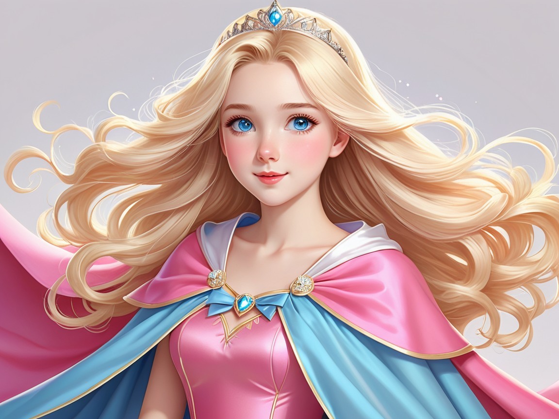 Young princess in elegant pink and blue dress with crown