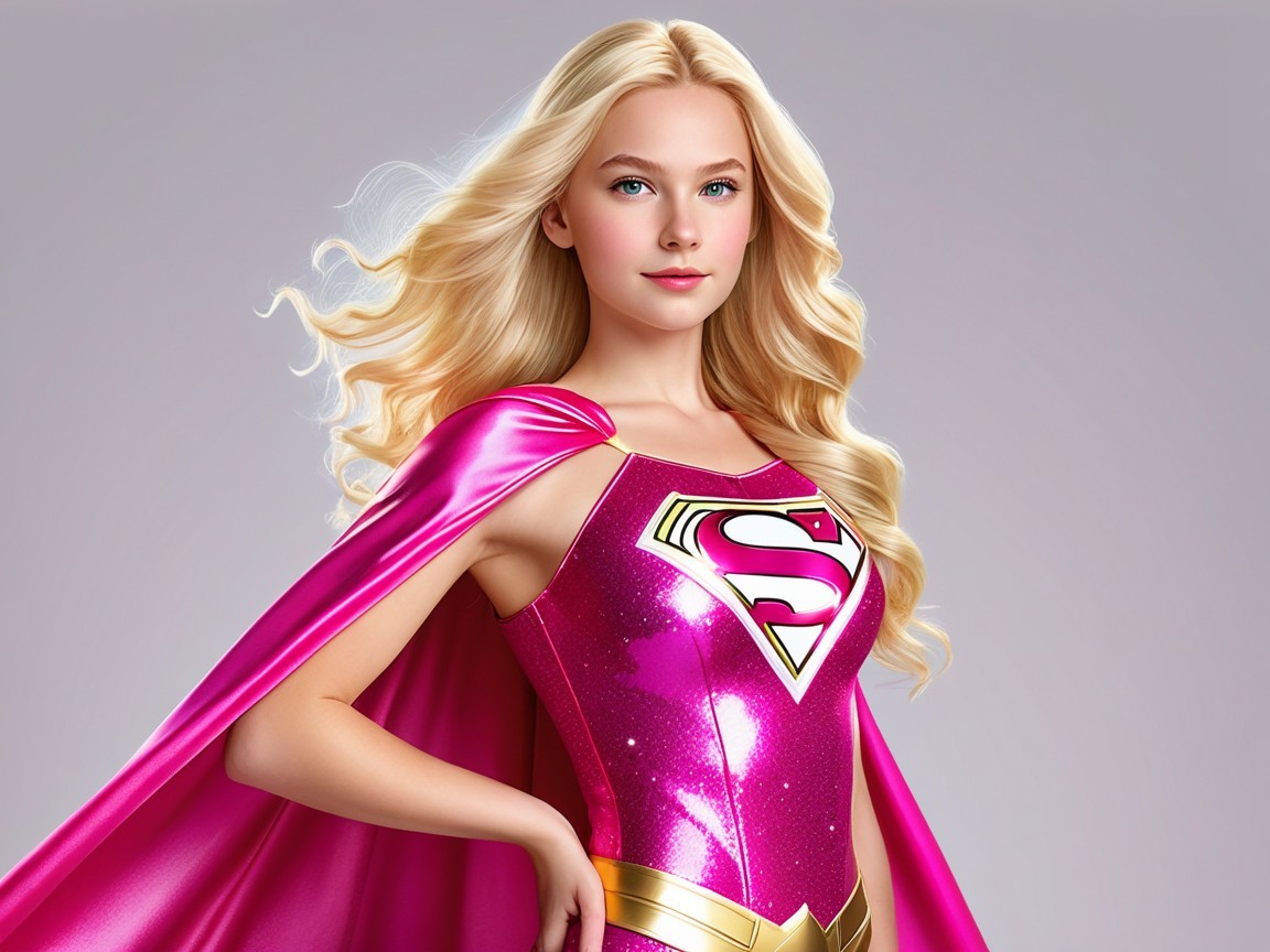 Studio Portrait of Female Superhero in Fuchsia Suit