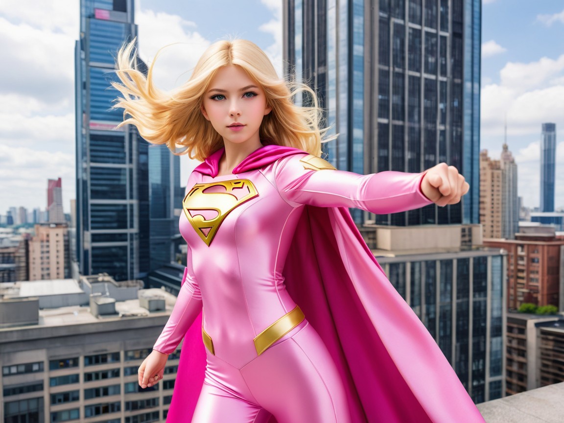 Young Female Superhero in Pink Bodysuit on Rooftop