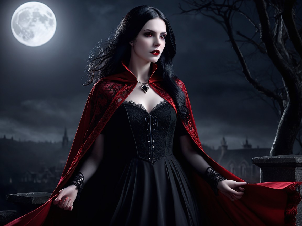 Mysterious Figure in Red Cloak Against Moonlit Landscape