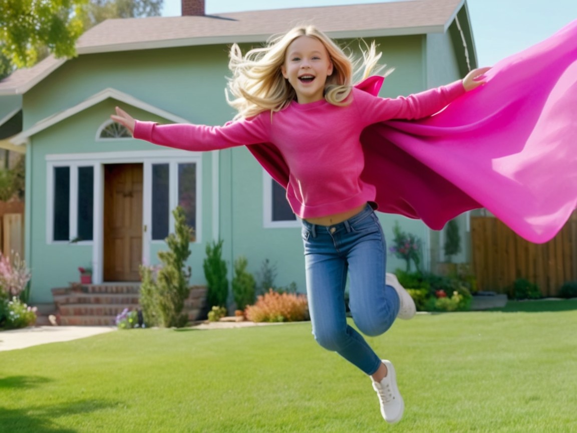 Young girl in pink cape jumping near green house