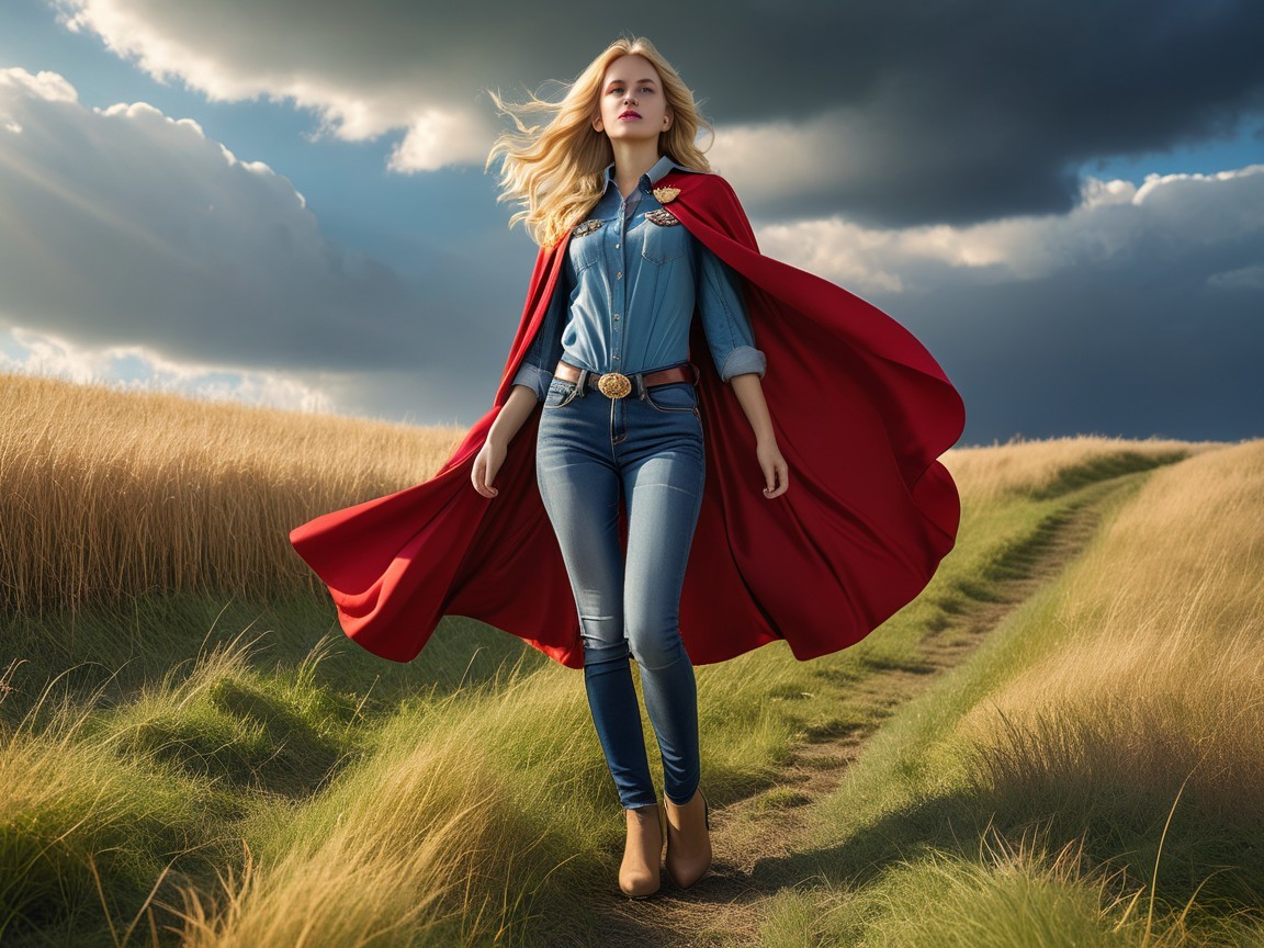 Young woman in red cape in golden grass field