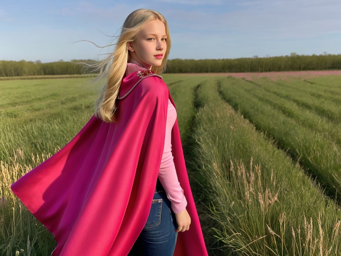 Young girl in pink cape in a green field scene