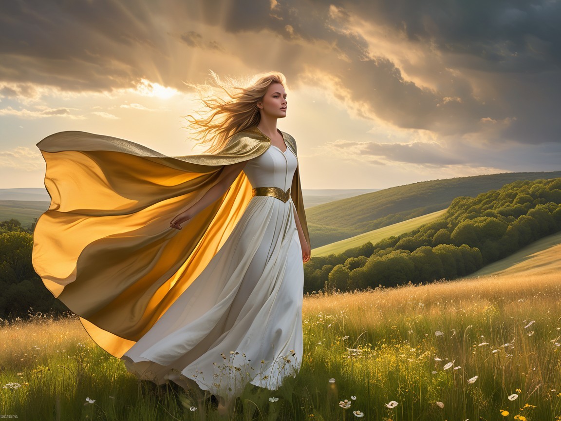 Woman in white gown in sunlit meadow with hills
