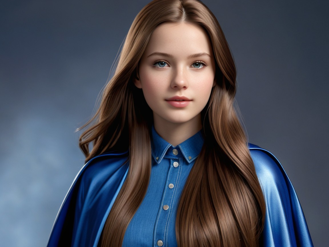 Young woman in blue cape with flowing brown hair