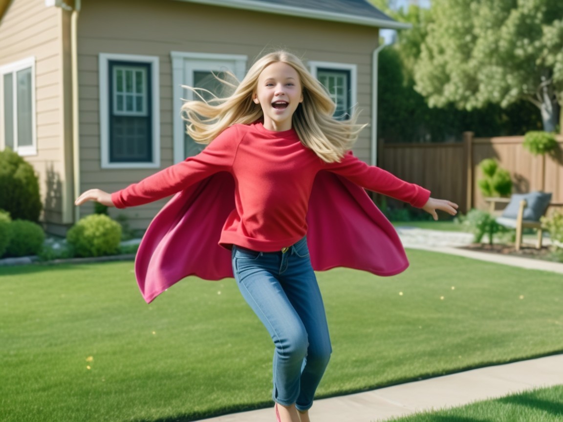 Young girl in red sweater spins in green yard
